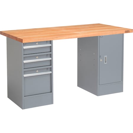 Global Industrial 72 x 24 Pedestal Workbench, 3 Drawers & 1 Cabinet, Maple Square Edge, Gray 253785